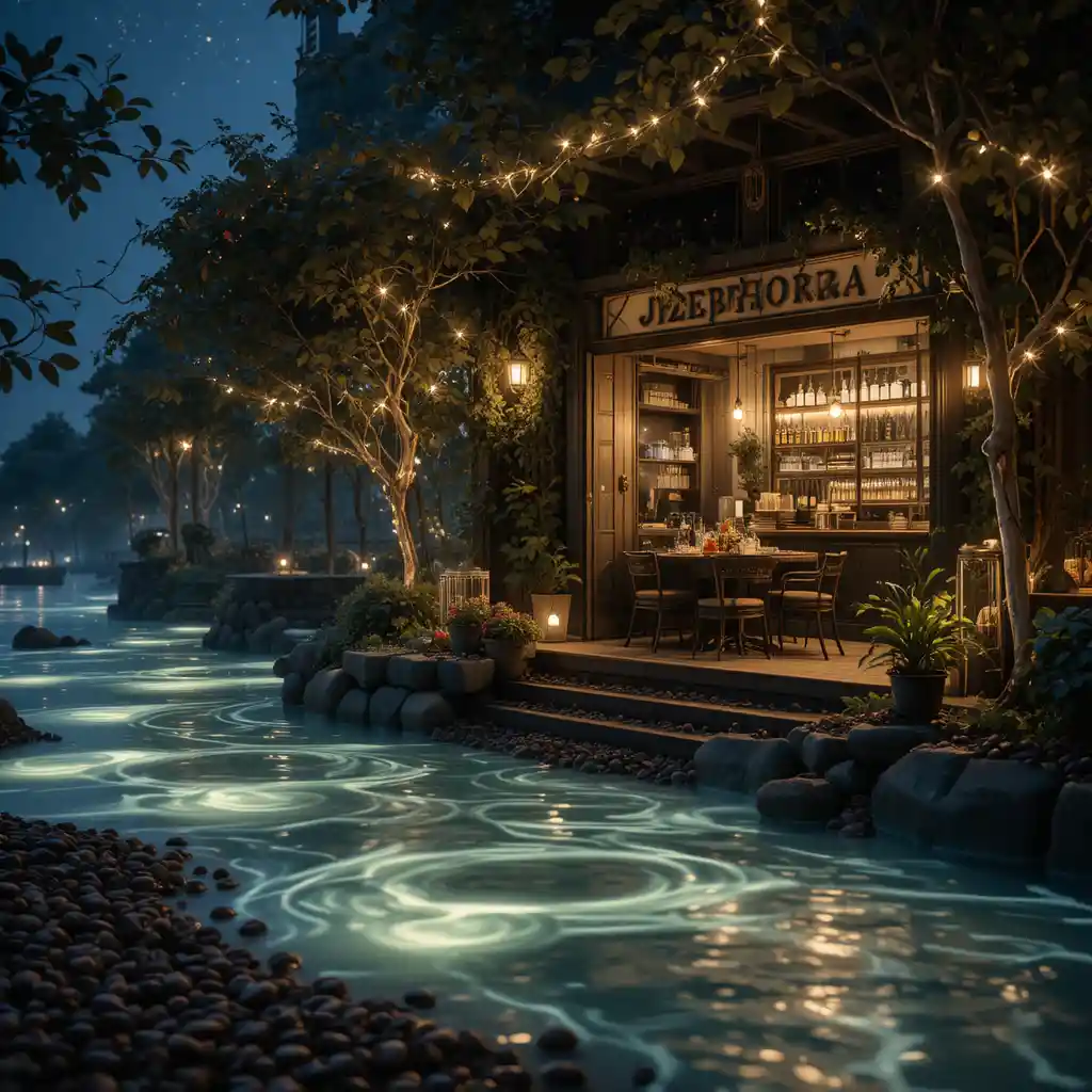 Fiume di caffè bioluminescente che scorre accanto a chicchi di caffè luminosi