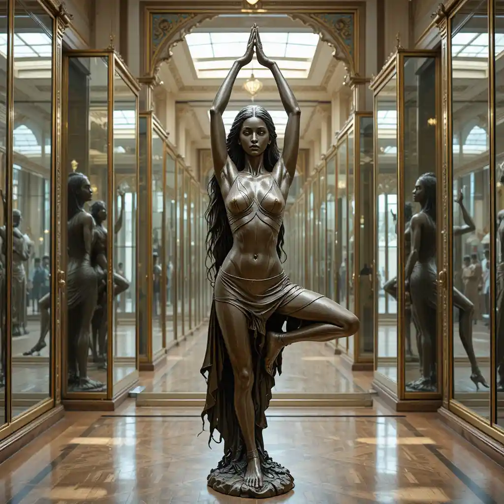 Bronze statue of a long haired girl in yoga pose