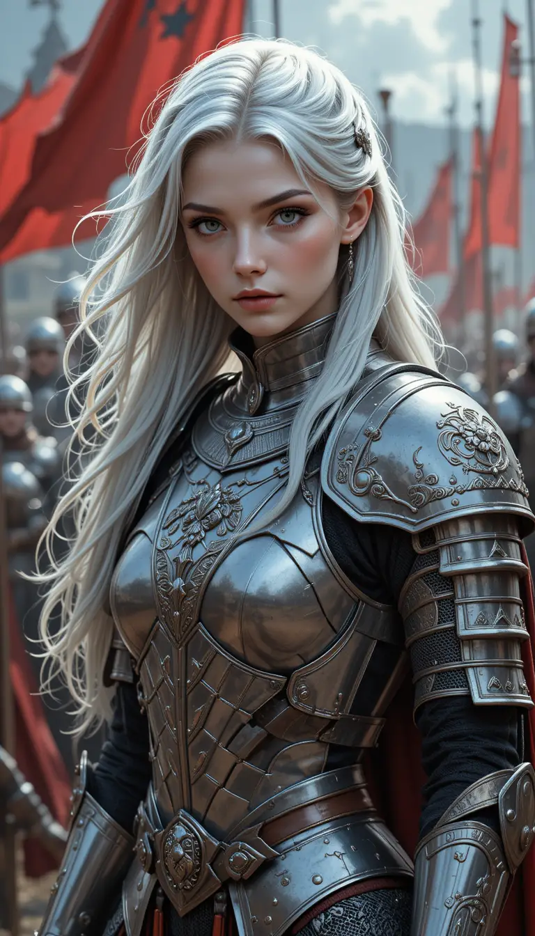 Young silver haired knight in ornate nordic armor at tournament