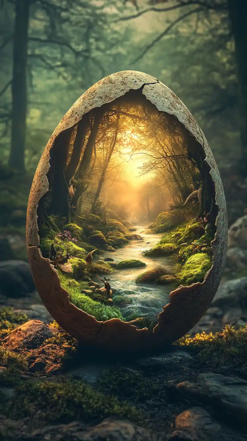 Surreal Cracked Egg Window Opening Into Enchanted Forest World