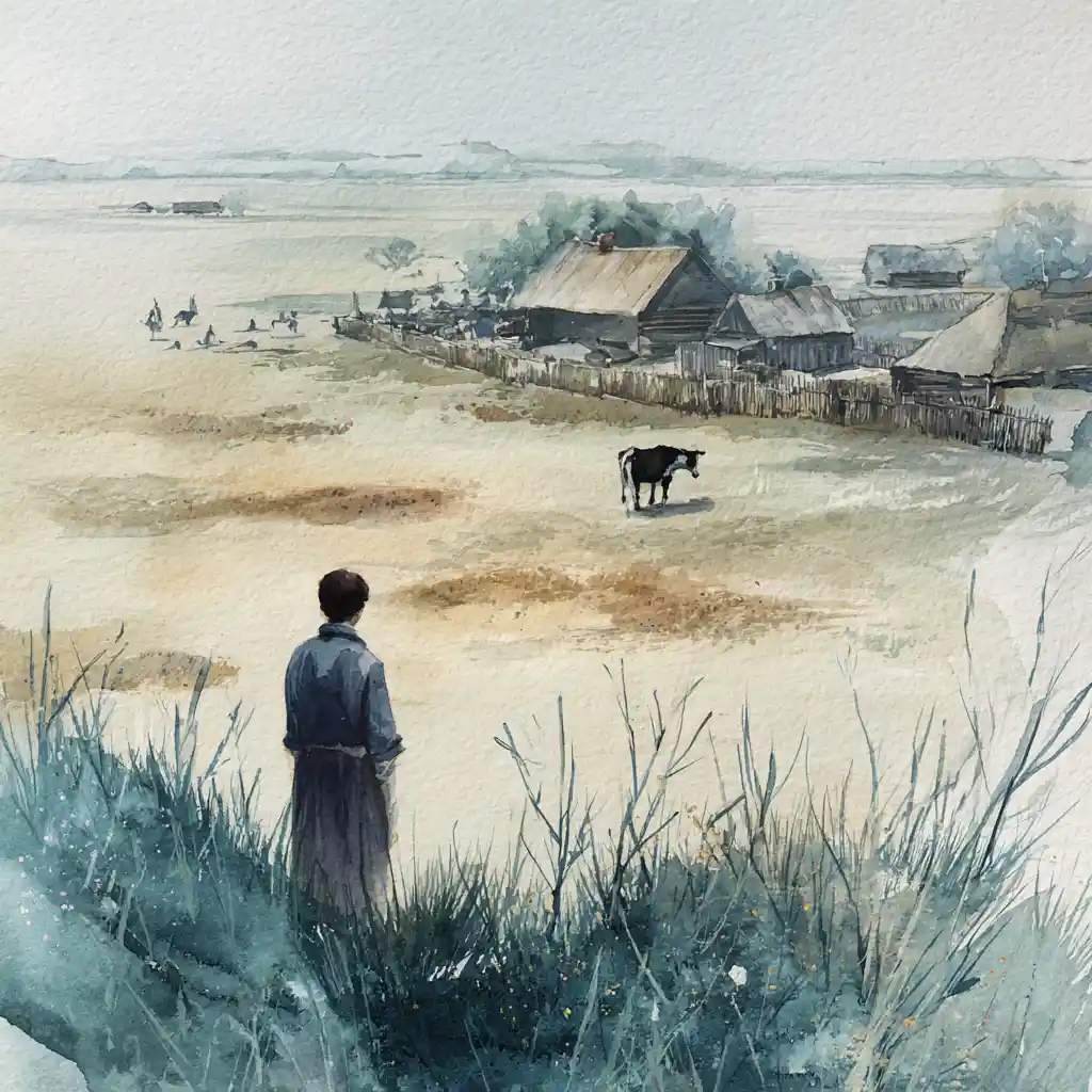 Quiet wanderer at the edge of a spring countryside village