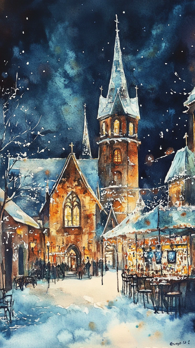 Iglesia urbana en acuarela en una noche nevada de Año Nuevo