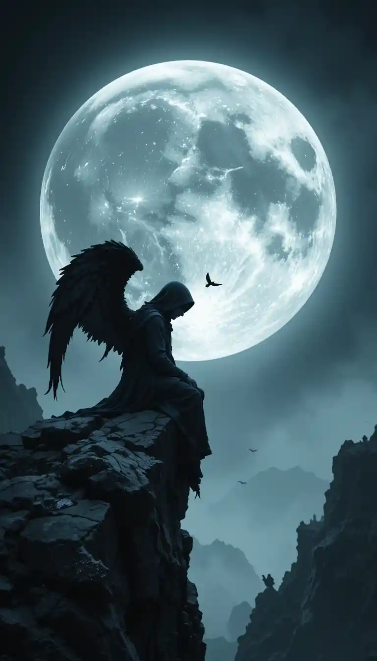 Angelo solitario su una scogliera al chiaro di luna in silenziosa contemplazione