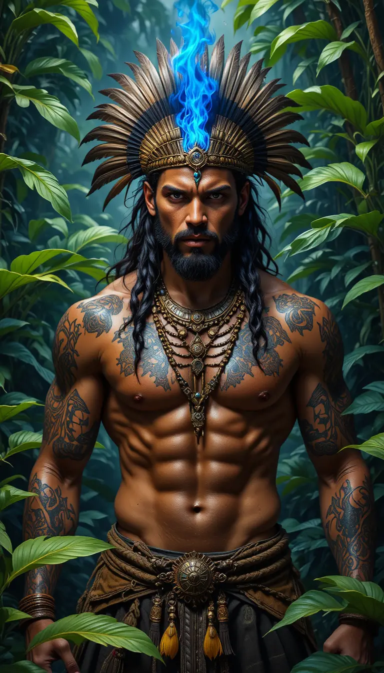 Tribal warrior with glowing blue flame in jungle