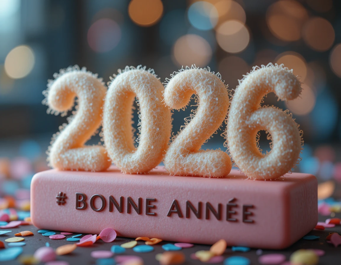 마지팬 위에 ‘bonne annee’ 문구가 적힌 설탕 2026 디저트