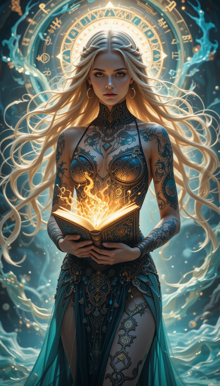 Mystical tattooed woman with sacred tome and glowing runes