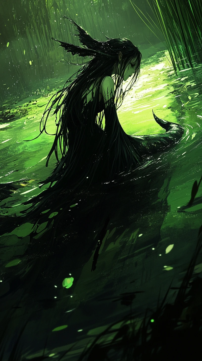 Eerie mermaid girl crawling from a shadowy forest pond