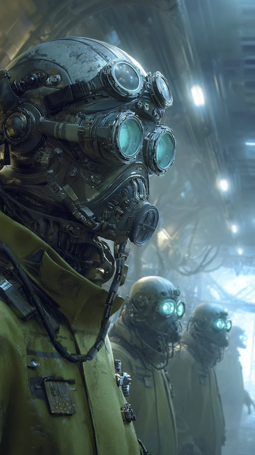 Man With Mechanical Skull Mask In Spacecraft Corridor