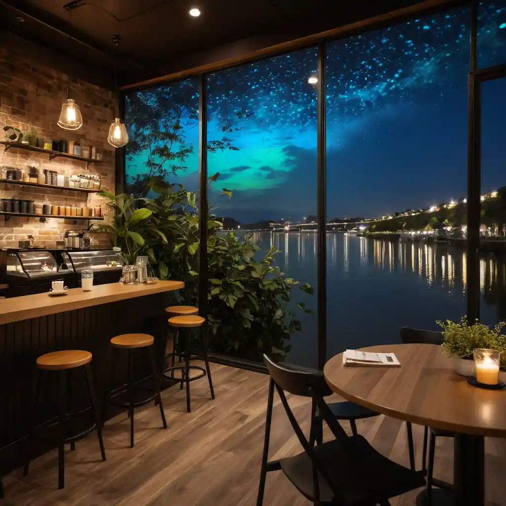 Biolumineszenter Kaffee-Fluss neben warm leuchtenden Bohnen