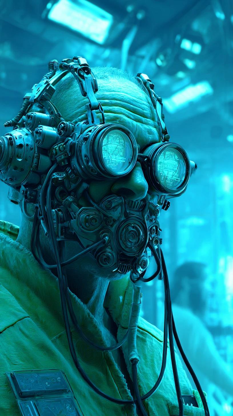 Mann mit Steampunk-Cyberpunk-Schutzbrille im Raumschiff-Inneren