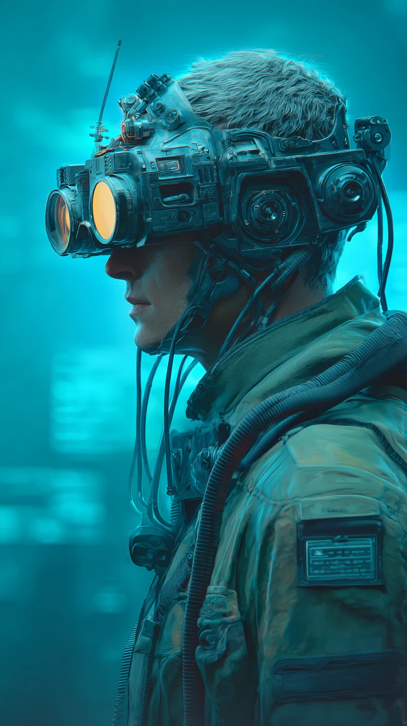 Man With Steampunk Goggles In Futuristic Spaceship Interior