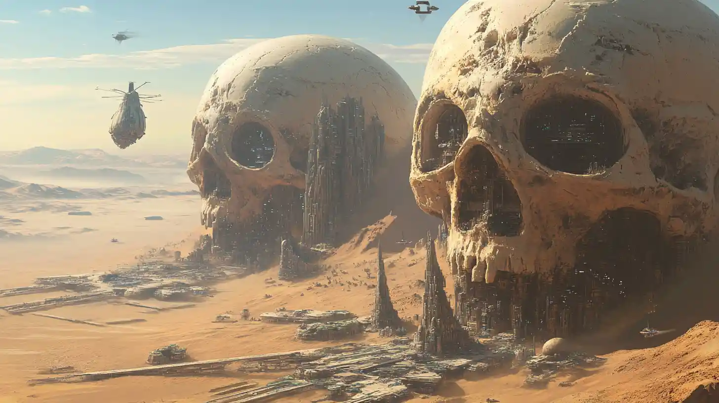 Surreal alien skull megacity rising from a vast desert