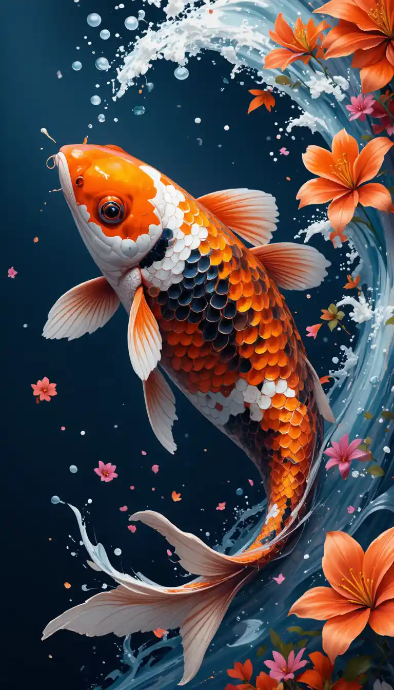 Colorful koi fish swimming through bold swirling blue waves