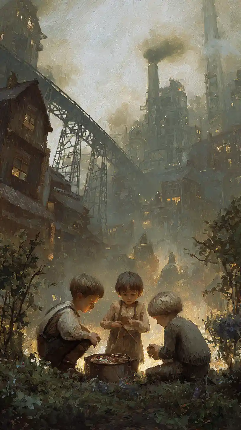 Cour arrière de ville steampunk avec des enfants jouant dans la fumée