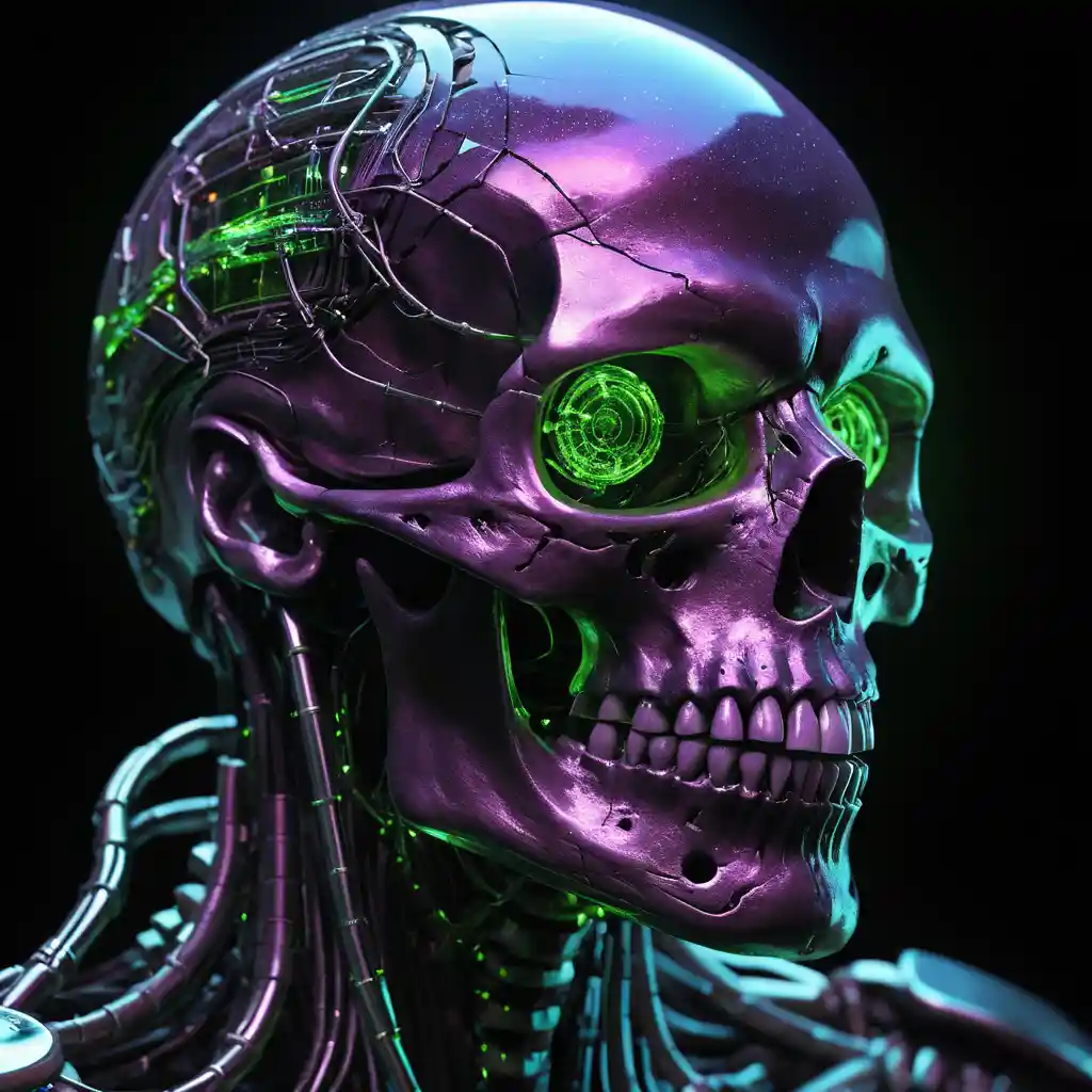 Cyberpunk cyborg skull with neon mercury eye and runes