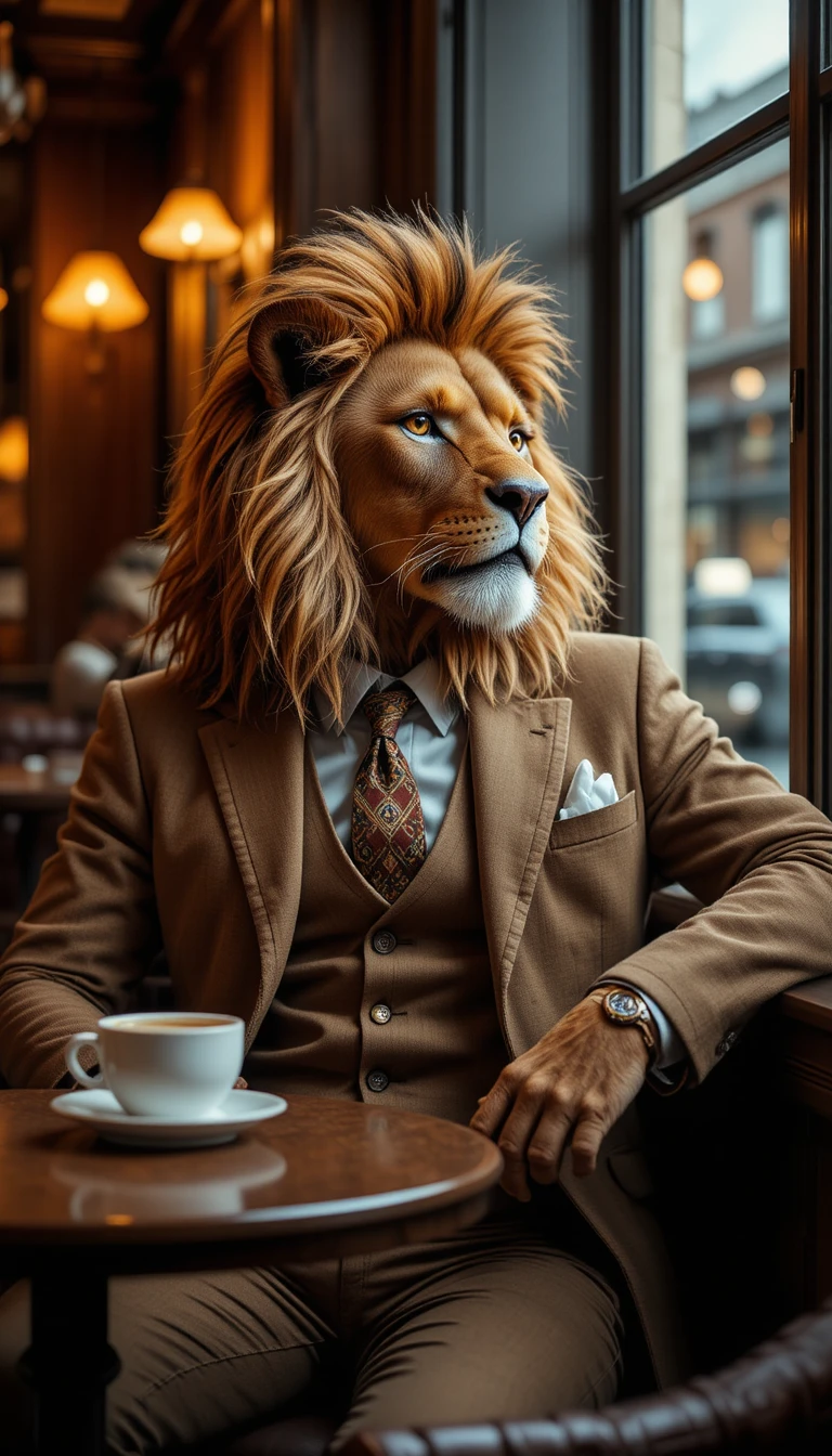 Stylish lion in a brown suit relaxing in a cozy cafe