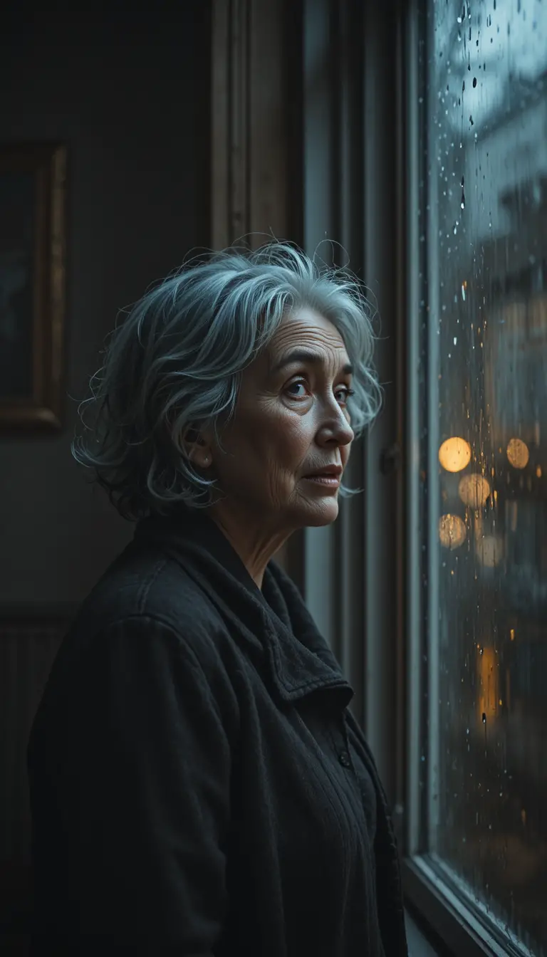 Older British woman by rainy window in quiet home