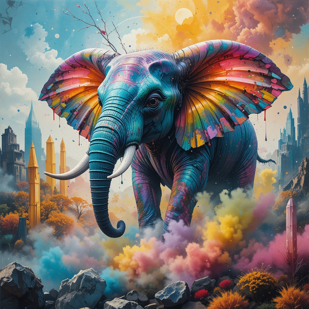 Paisaje de collage colorido con retrato de un elefante joven