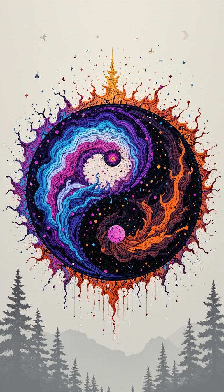 Colorful yin yang symbol with cosmic night forest background