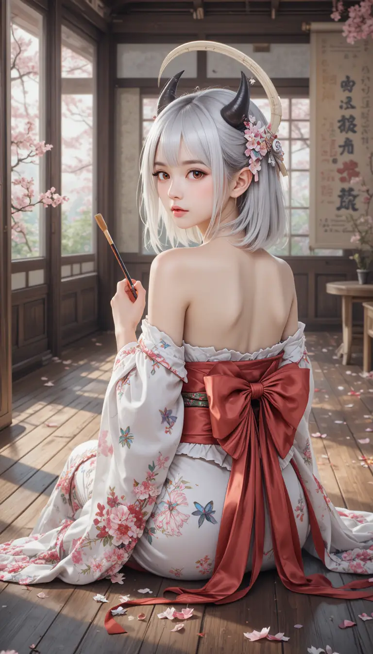 White haired oni girl in off shoulder kimono looking back