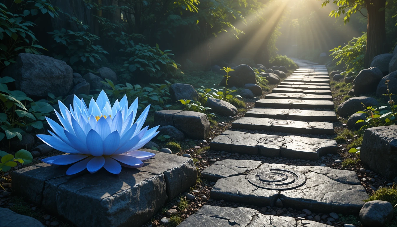Sunlit stone path lined with blue and white lotus flowers