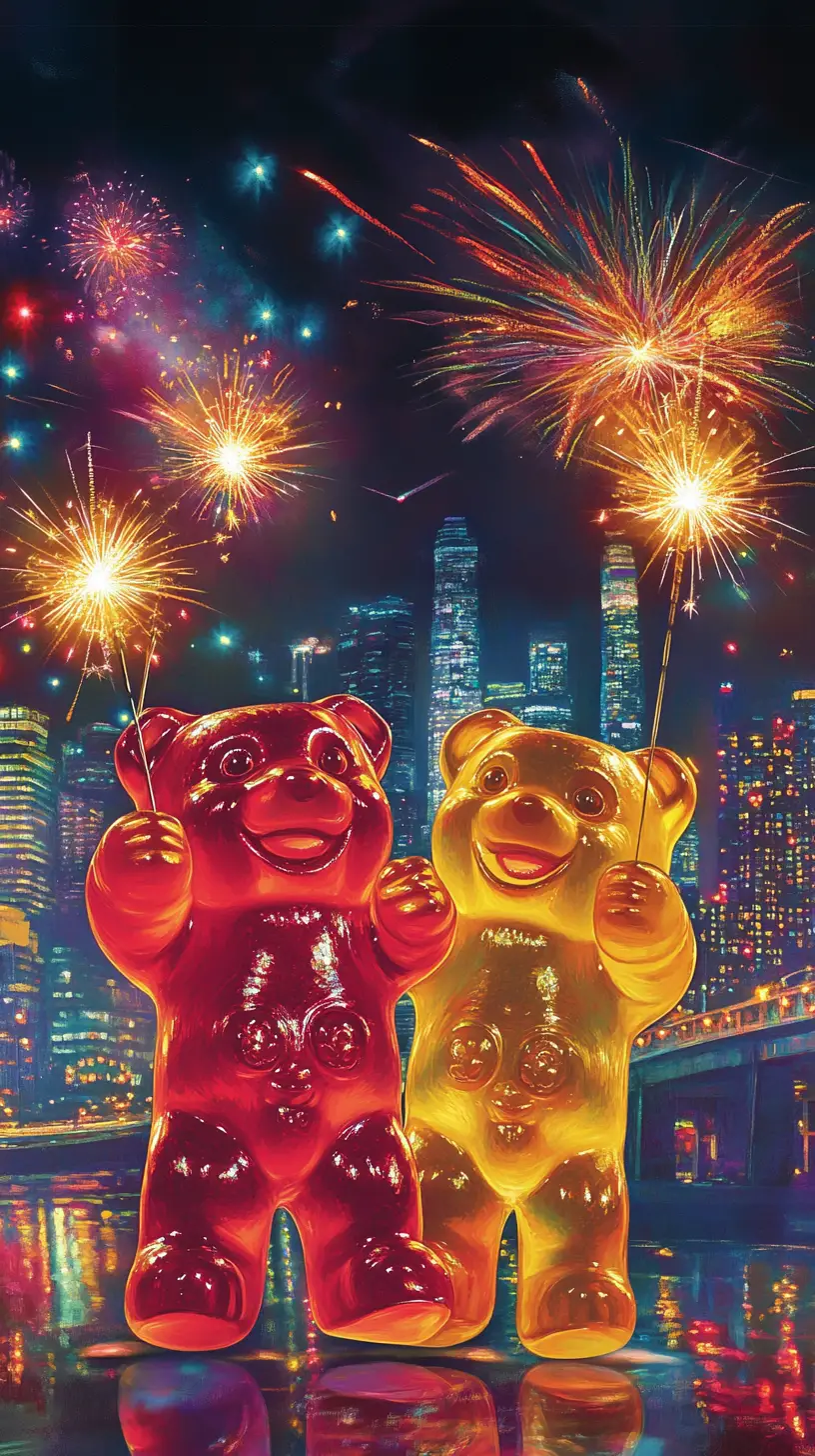 Joyful gummy bears dancing with sparklers over city skyline