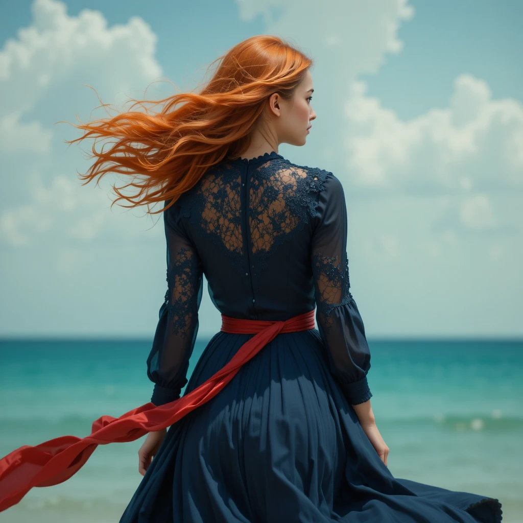 Femme rousse en robe bleu marine face au ciel venteux