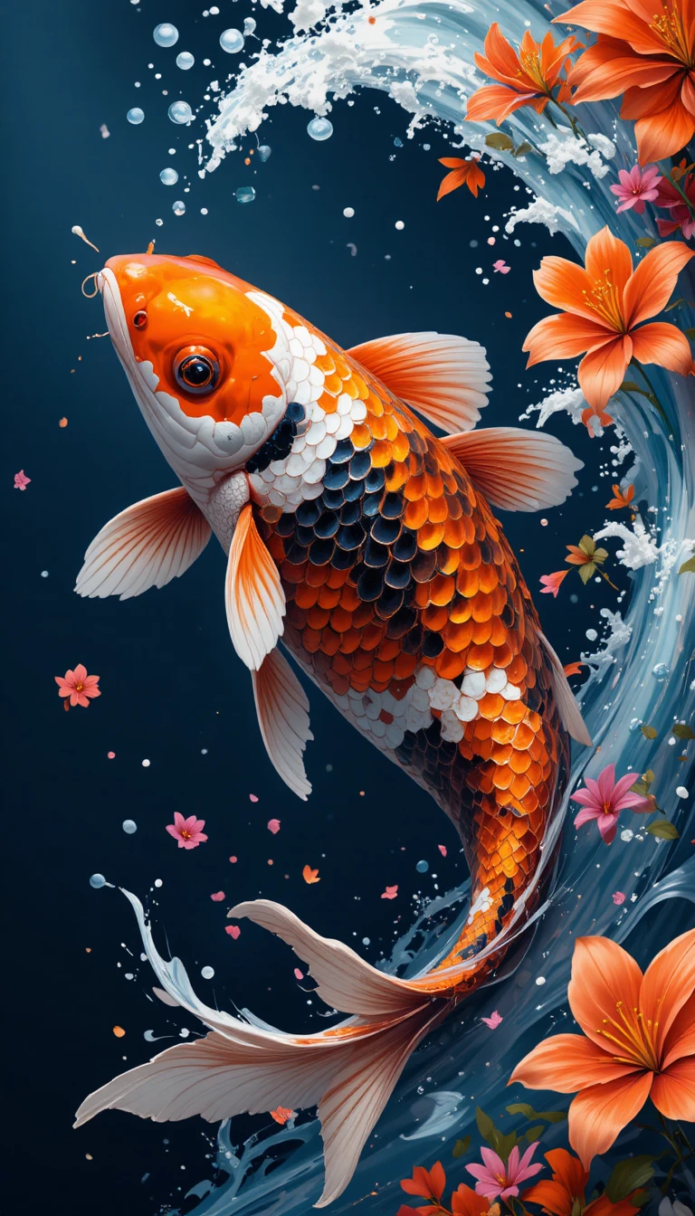 Colorful koi fish swimming through bold swirling blue waves
