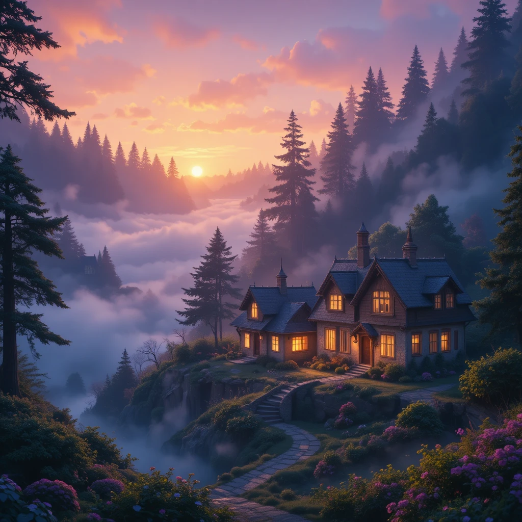 Peaceful village beside glowing enchanted forest at sunrise