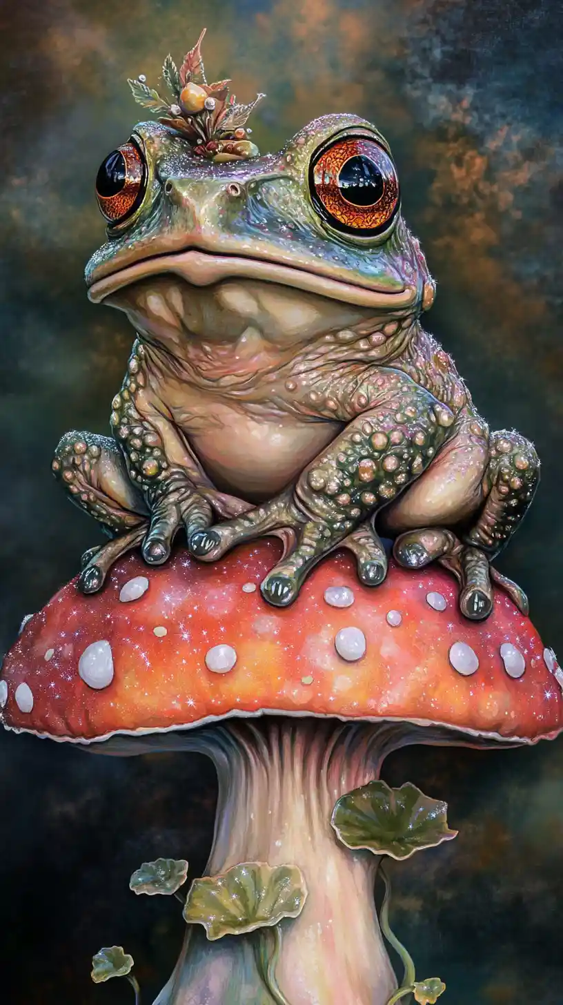 Surreal toad on a magical toadstool in glowing backlight