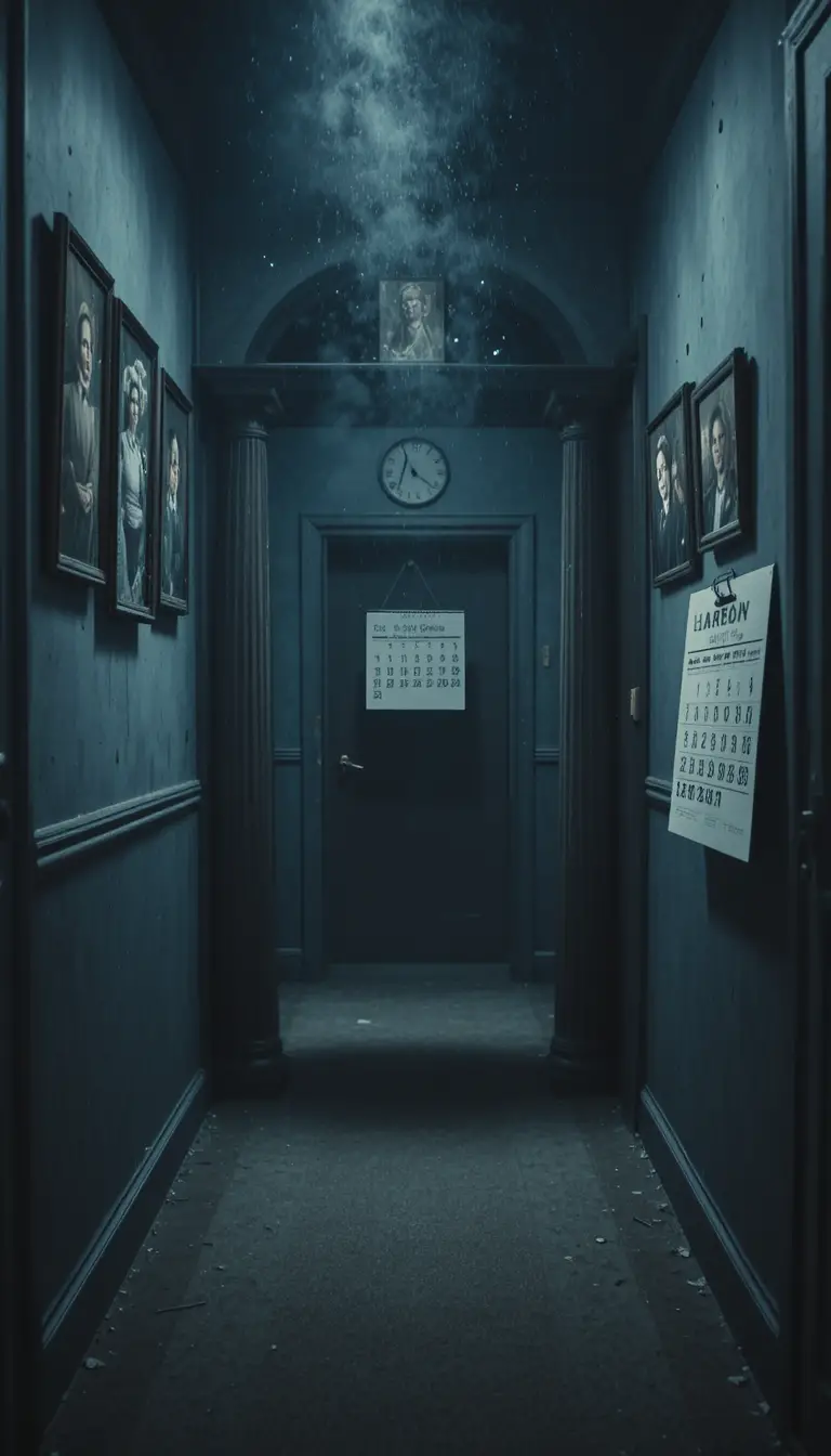 Empty house corridor with family photos and drifting dust