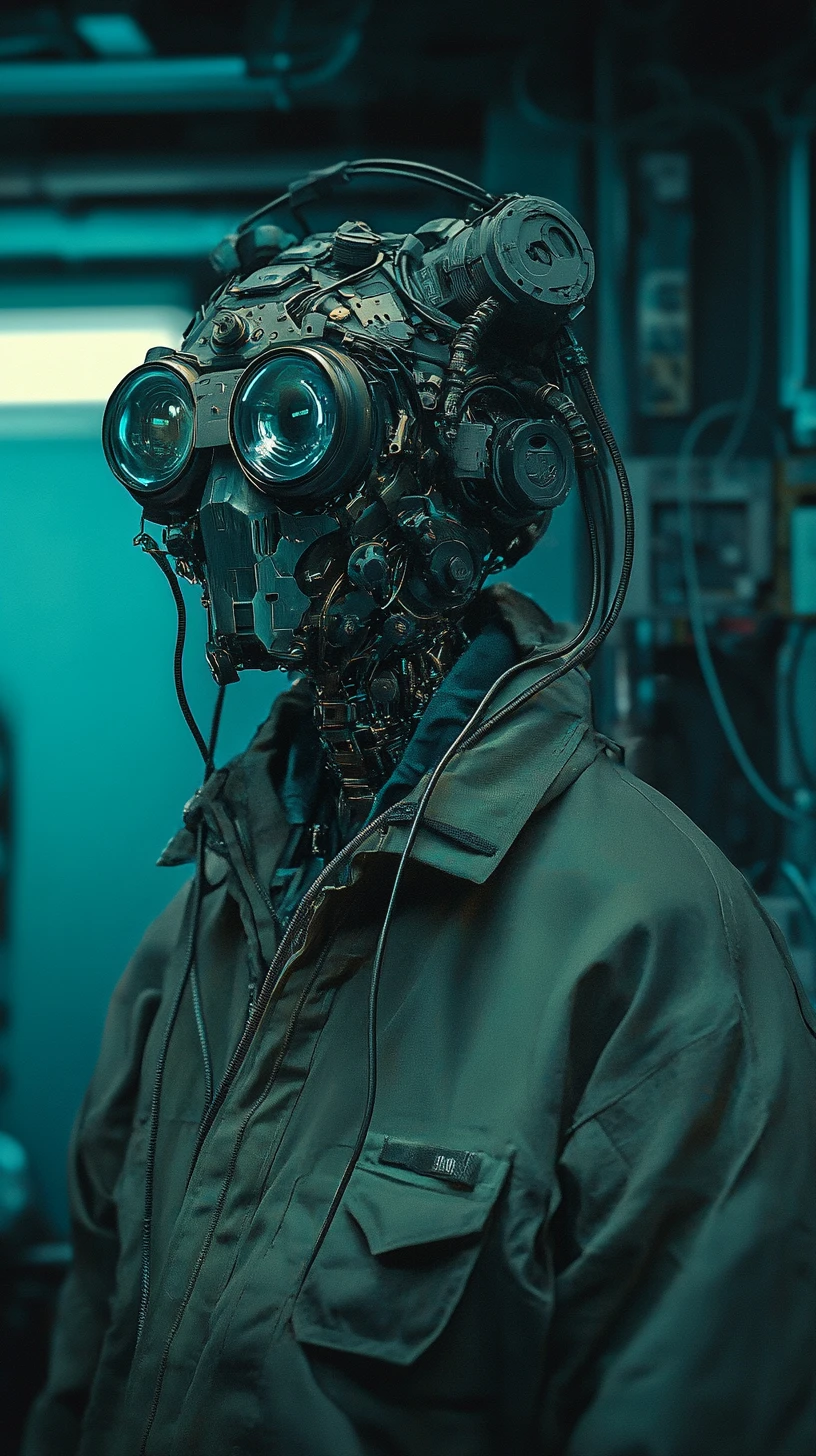 Uomo con occhiali cyberpunk in un interno futuristico di astronave