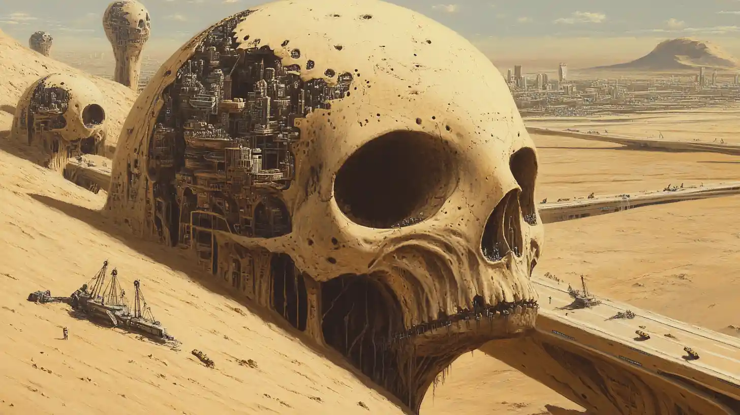Futuristische Städte in gigantischen Alien-Schädeln in der Wüste