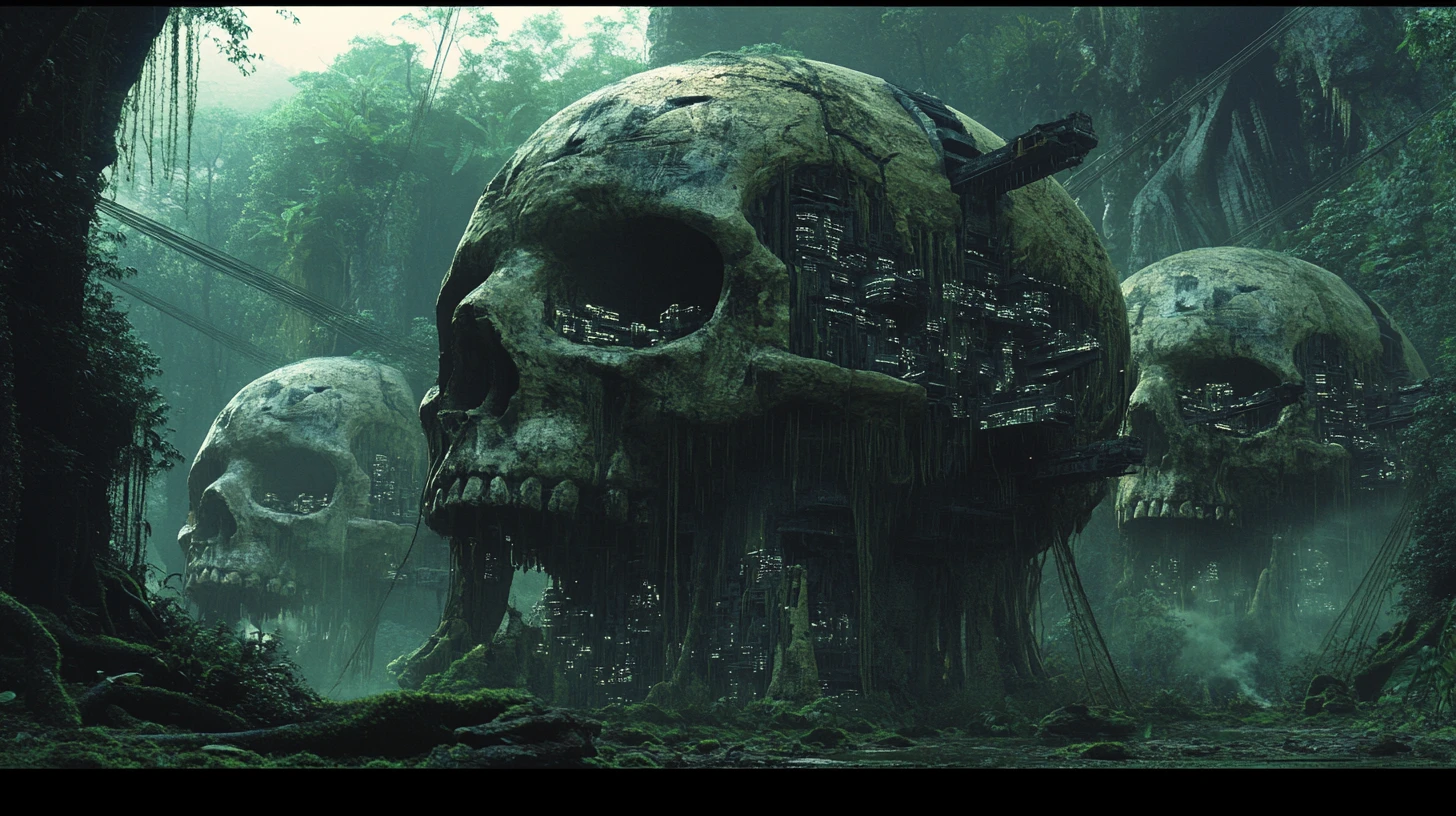 Colossal alien skull cities rising from a lush jungle