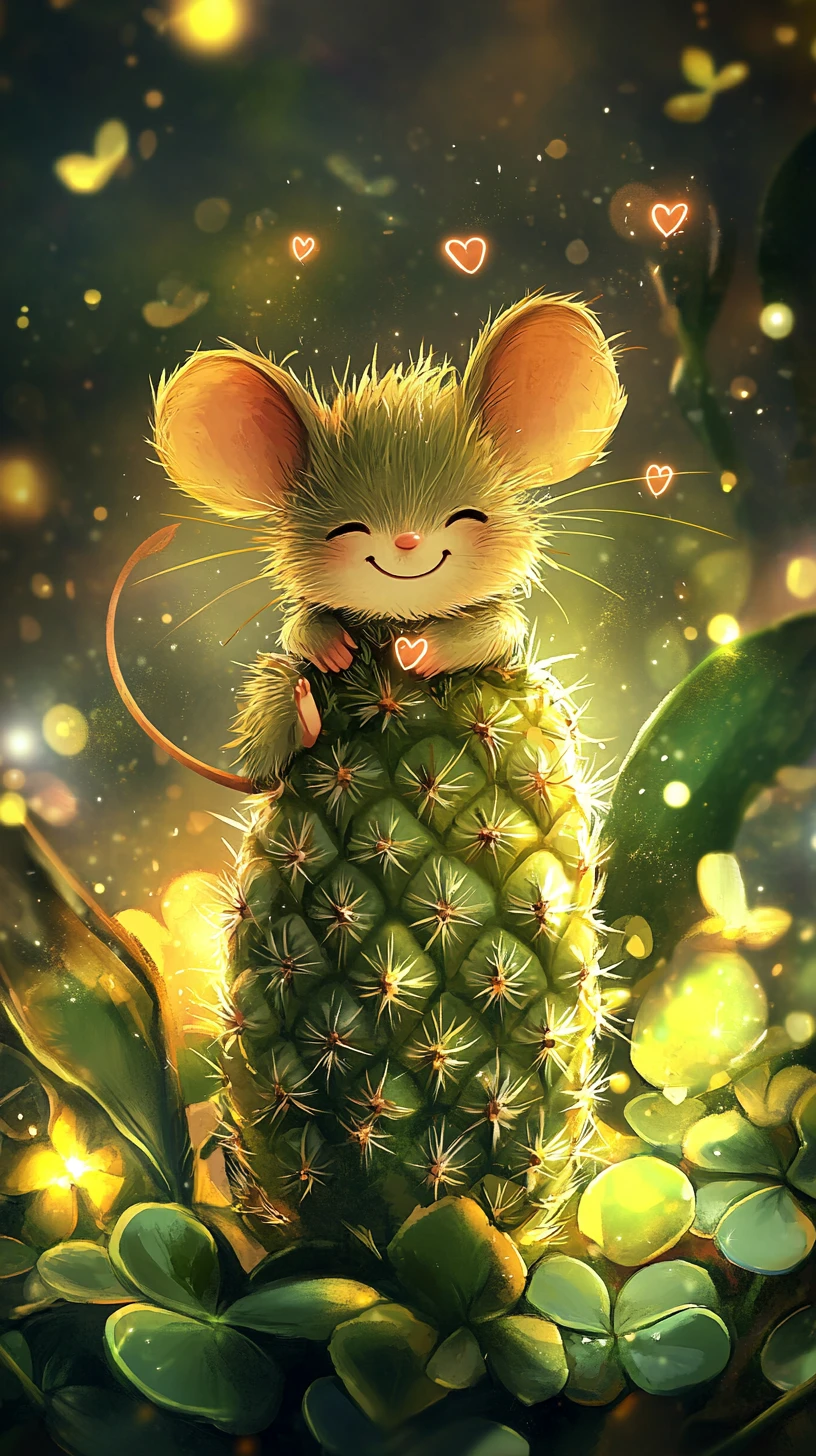 Süße lächelnde Maus auf Ananas mit schwebenden Herzen