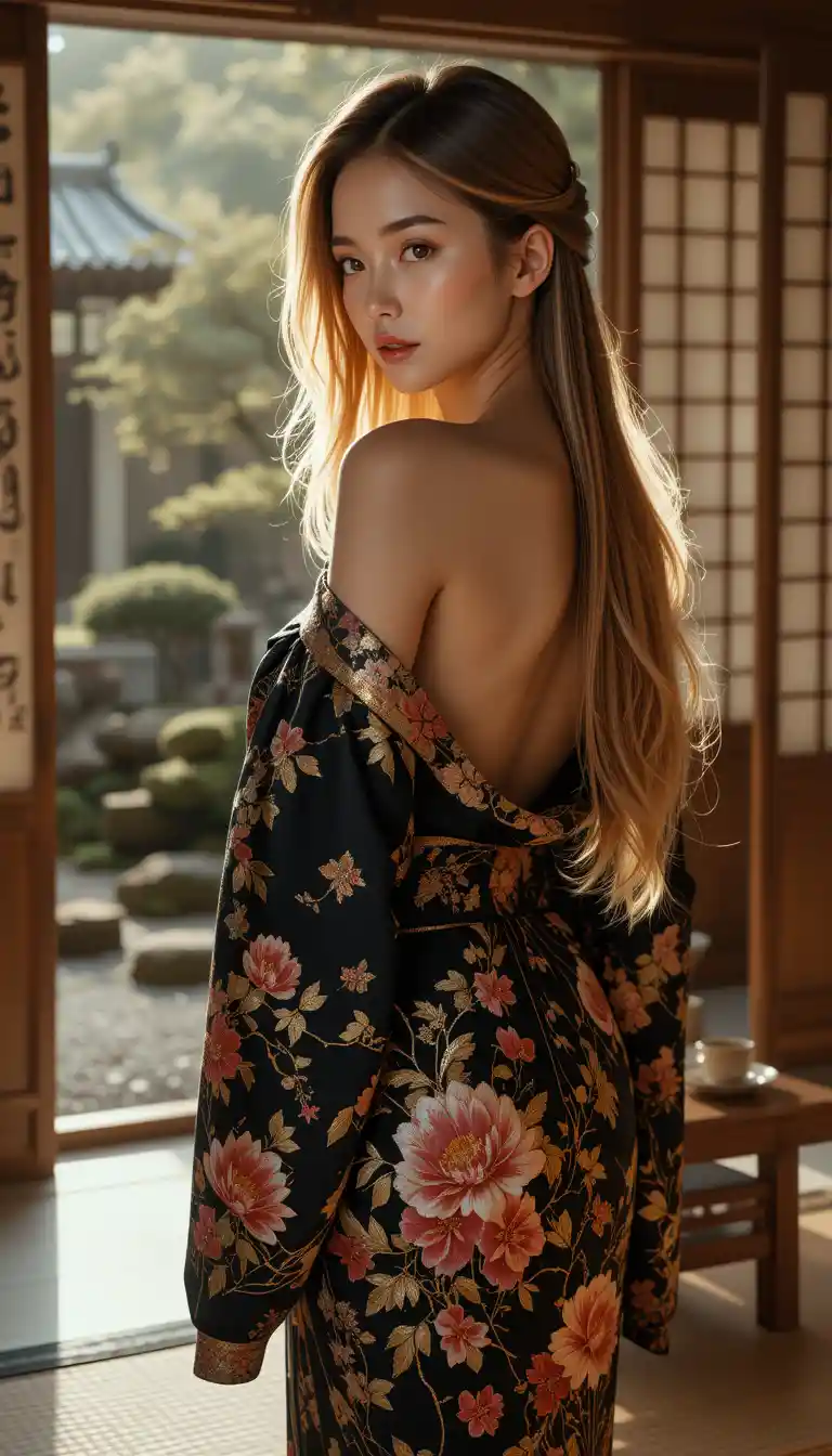 Elegante donna in kimono nero in una stanza giapponese tradizionale