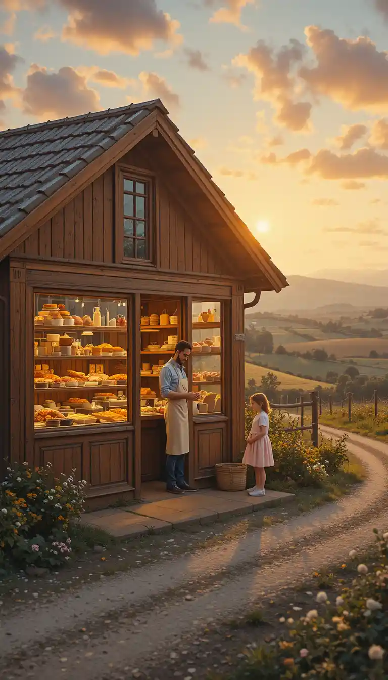 Warm sunset at a small countryside bakery with father and daughter