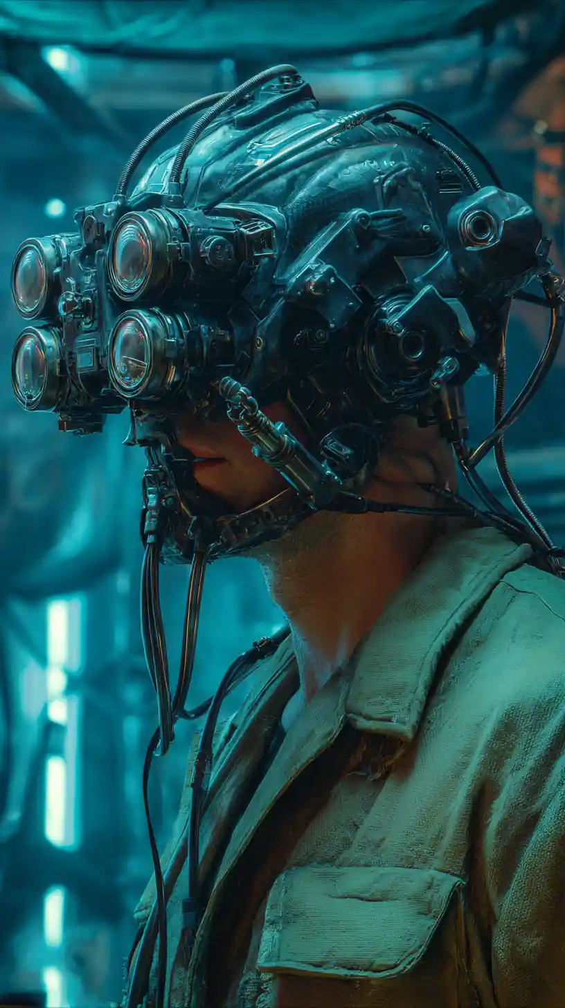 Homme cyborg avec lunettes steampunk dans une pièce bleue de vaisseau spatial