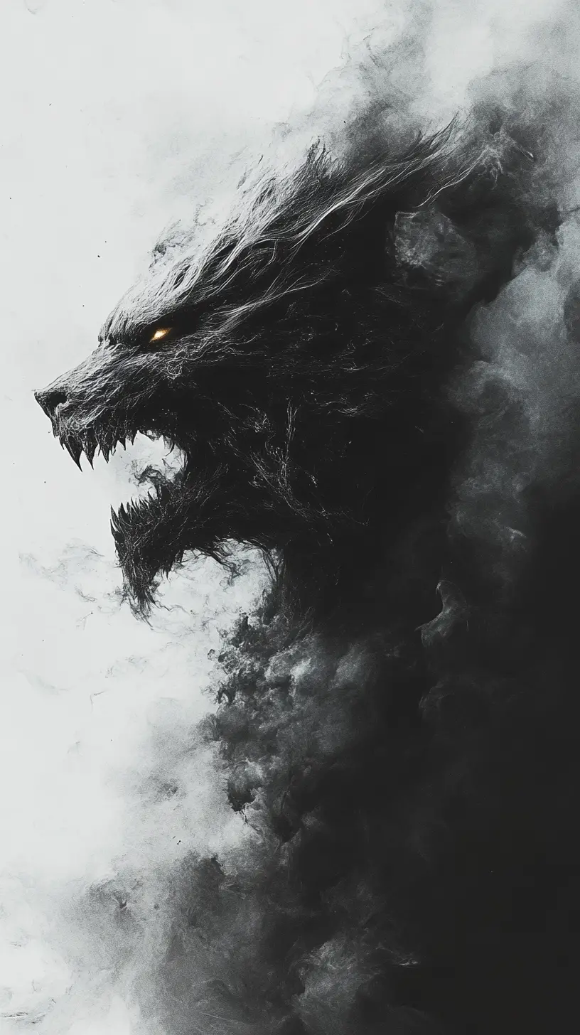Vengeful monster exhaling storm winds from smoking jaws