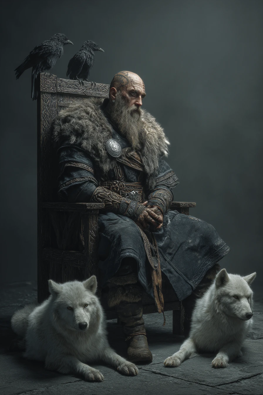Mythic king on a dark throne with ravens and wolves