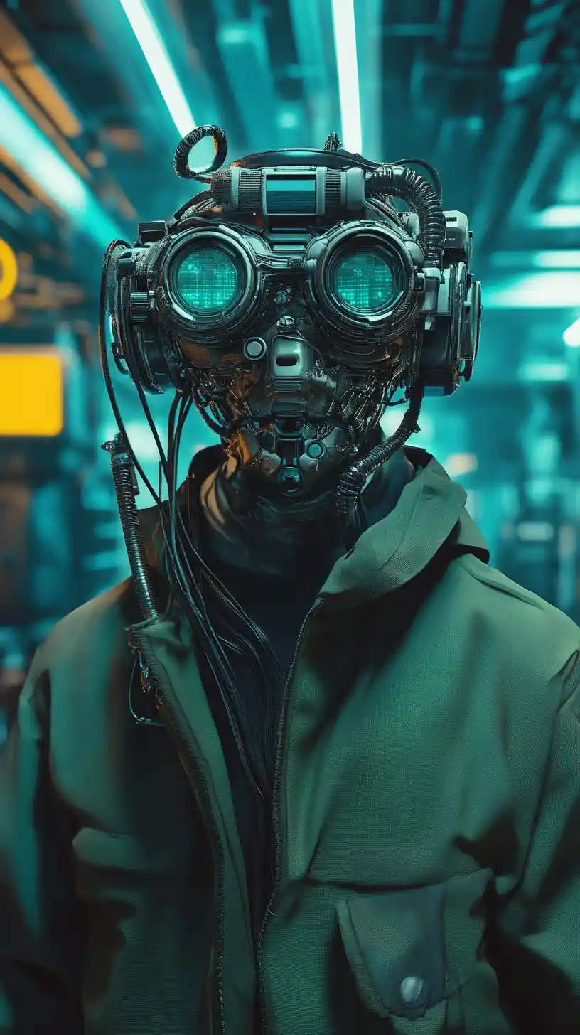 Uomo con occhiali cyberpunk nell’interno di un’astronave futuristica