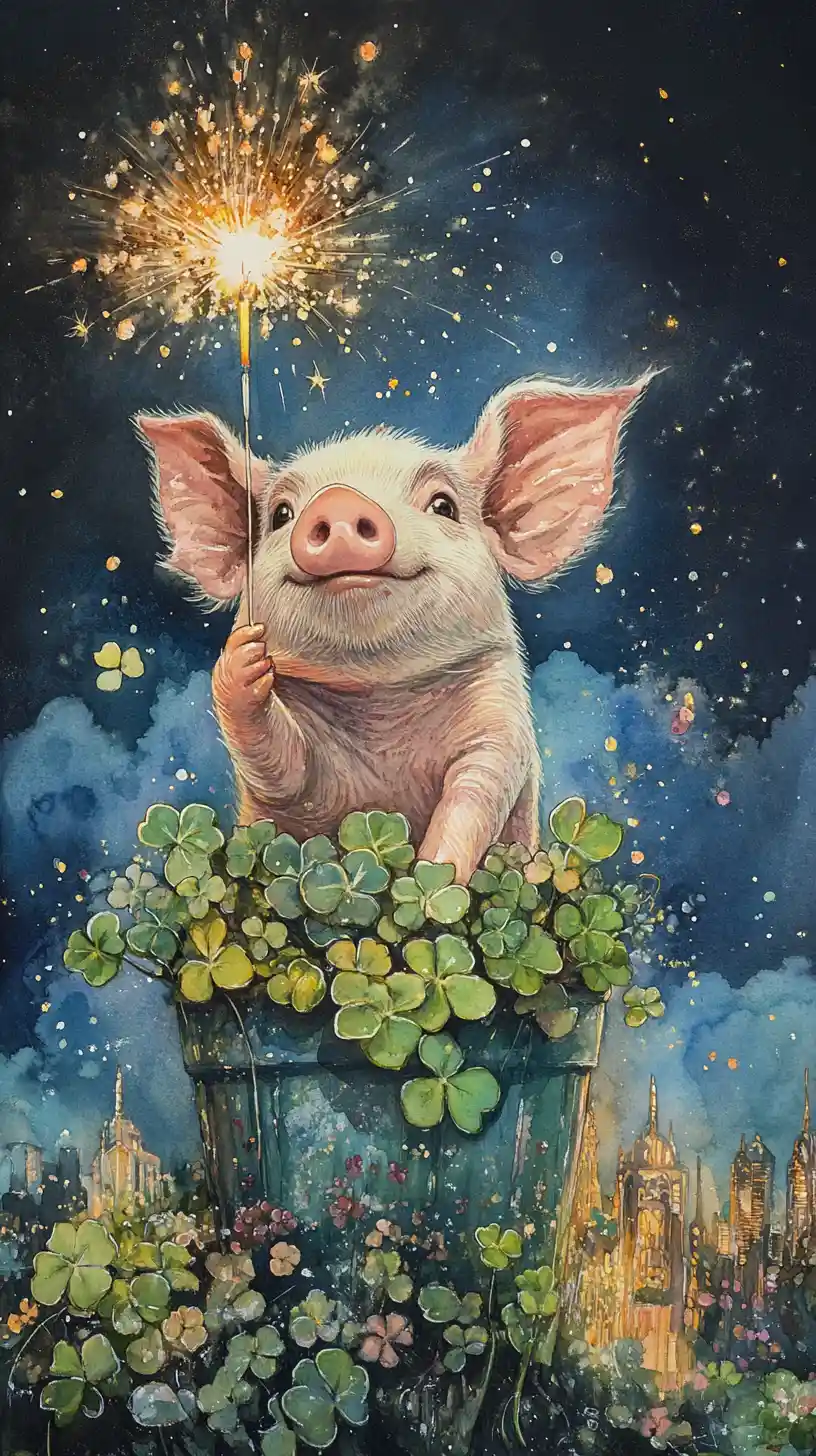 Dolce maialino con bengala su un vaso di fiori pieno di trifogli