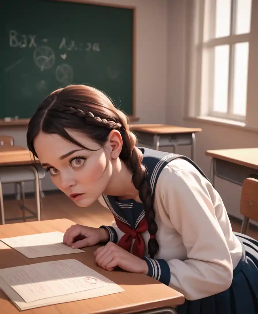 Young girl in school uniform viewed from above in classroom