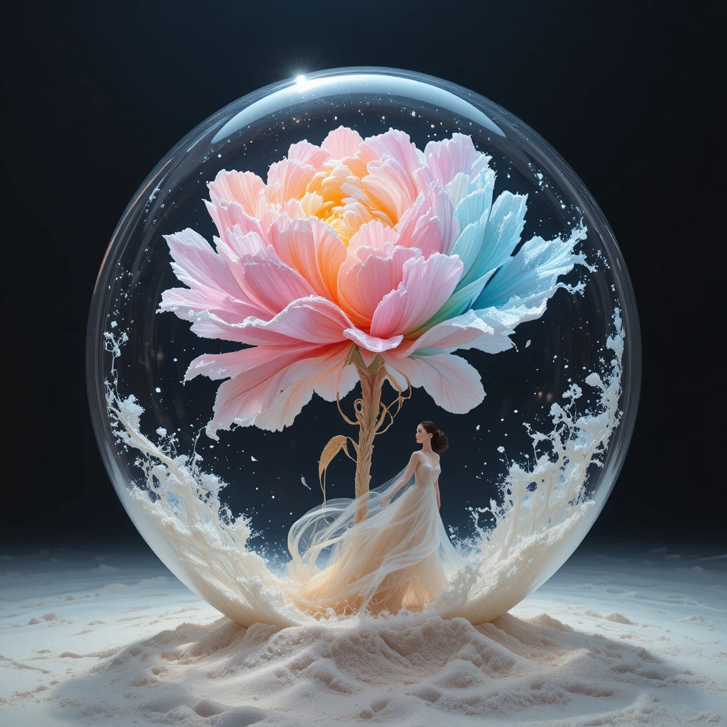 Ethereal woman emerging from a winter landscape sphere