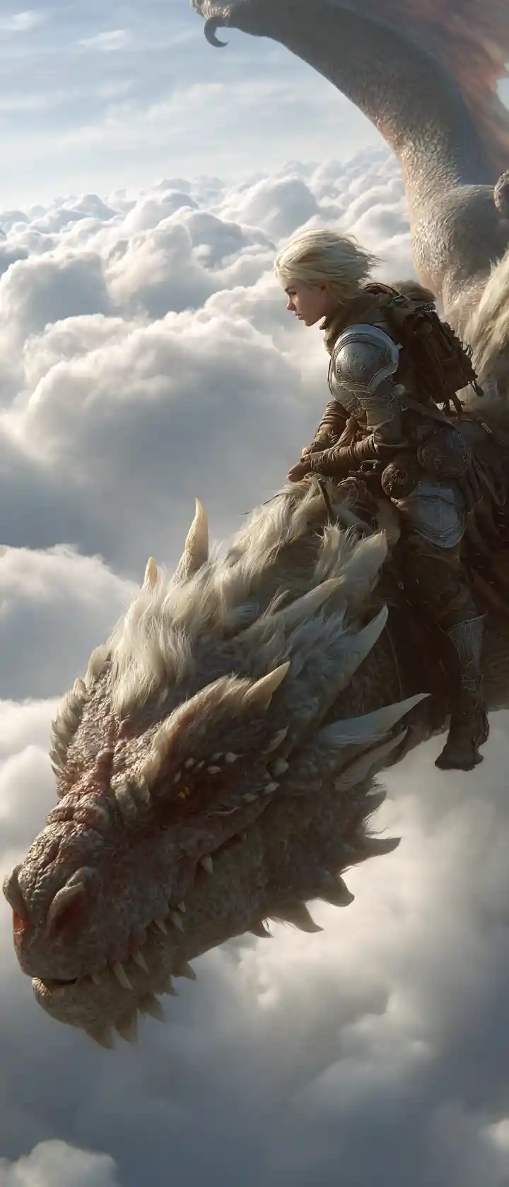 Armored girl riding a fire breathing dragon above clouds