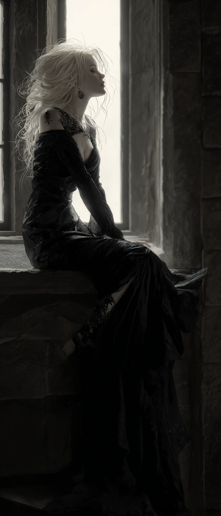 Gothic princess climbing through a moonlit castle window