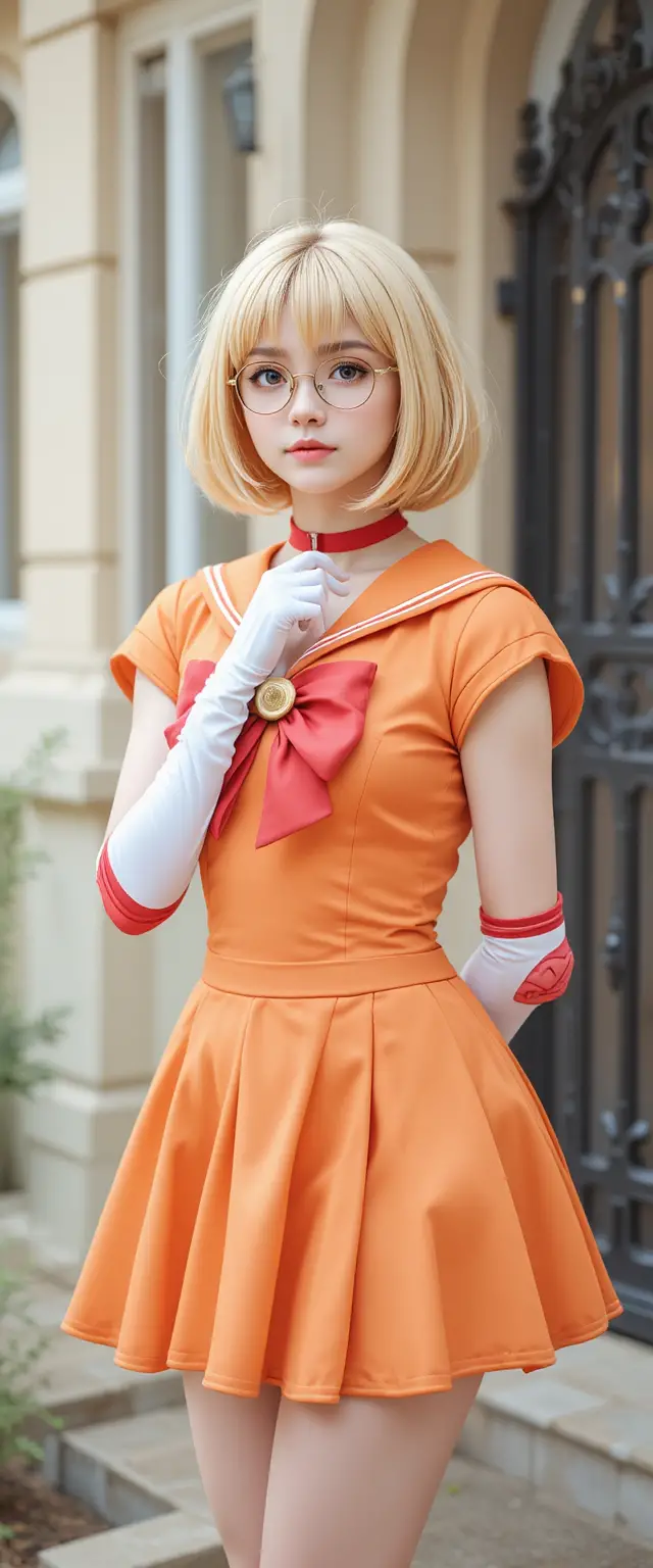 Young girl in sailor style cosplay outside a beige house