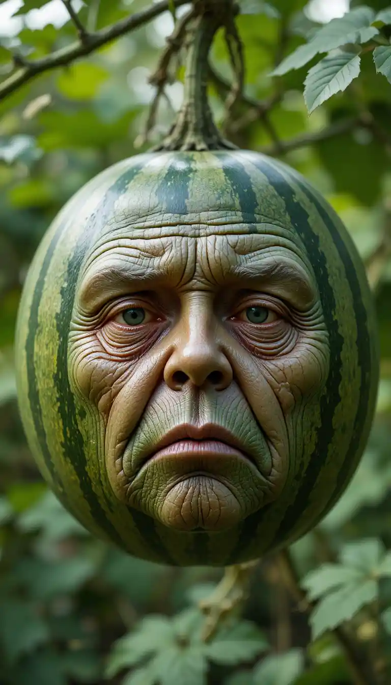 Old face illusion carved in a hanging ripe watermelon