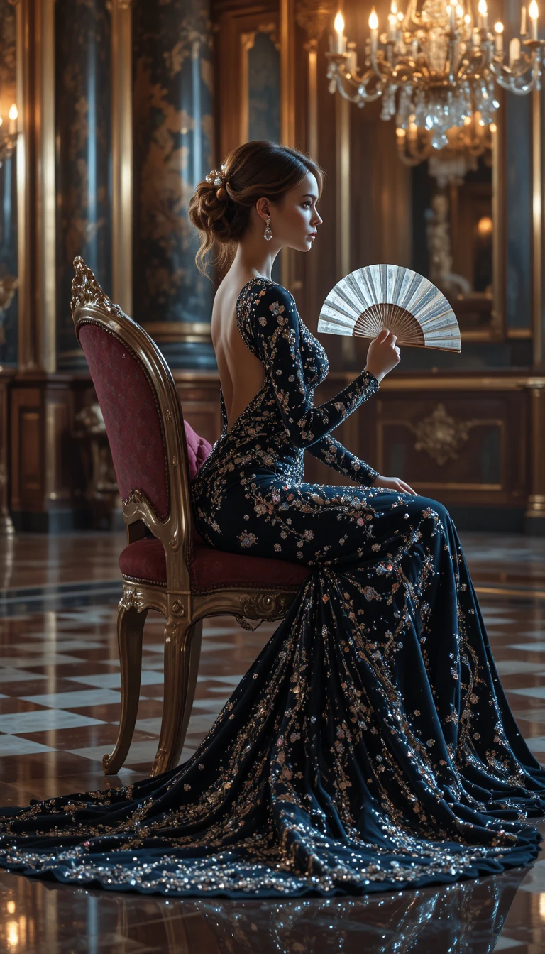 Elegant Italian woman in crystal evening gown on chair