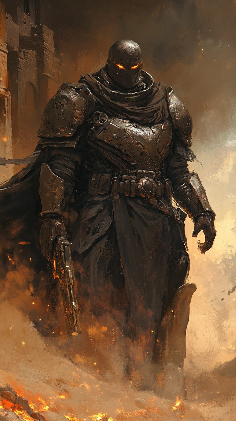 Demonic warlord strides through an endless infernal sandstorm